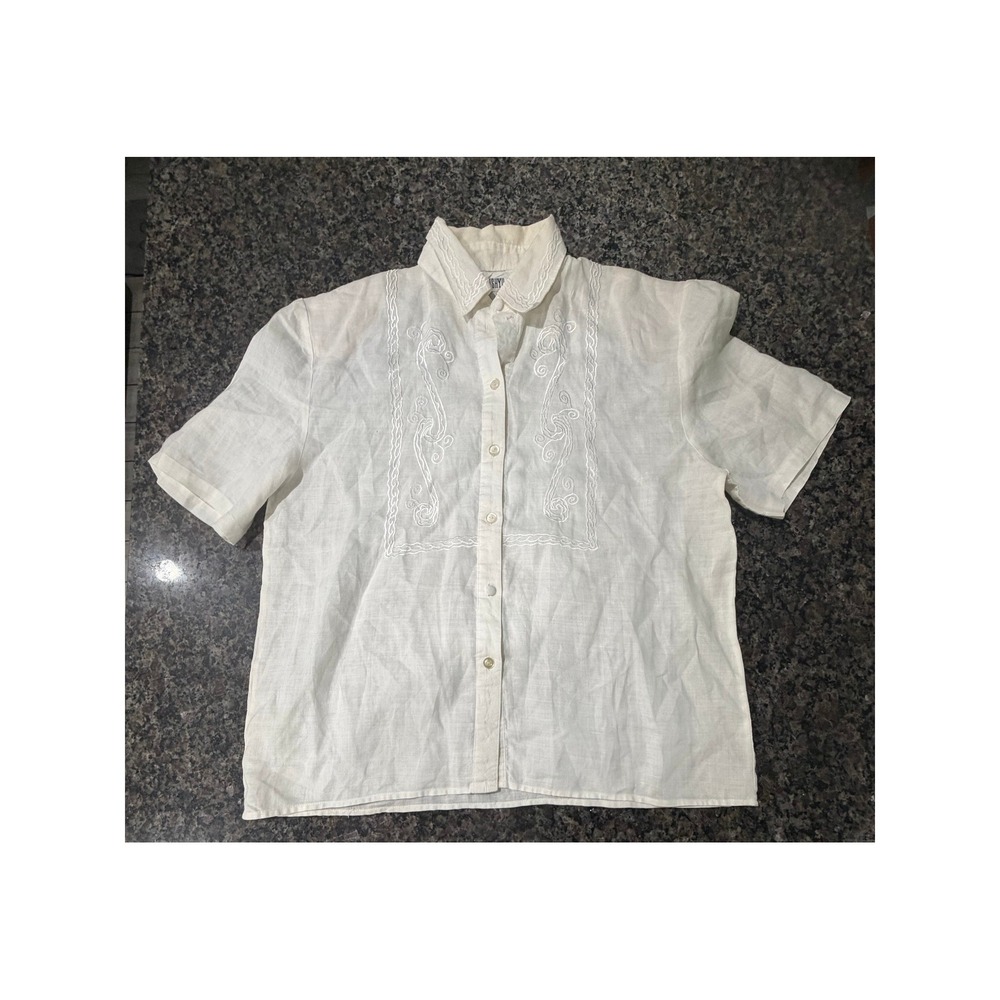 Ishyu Womens White 100% Linen Embroidered Short Sleeve Button Down Shirt Size 8
